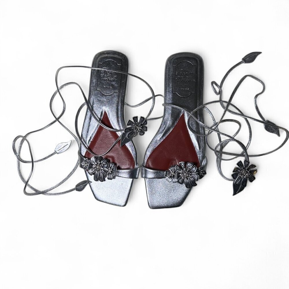 Roger Vivier Women's Metallic Silver Blossom Lace-up Flat Sandal Sz EU 37 NWOT